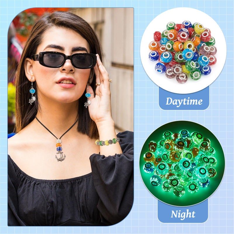 BB Beadthoven Beadthoven 100pcs Glow in The Dark Beads Handmade Luminous Lampwork Style Large Hole European Beads with Silver Tone Brass Cores Mixed Color Rondelle Glass Beads 14x9-10mm Hole: 5mm - Image 5